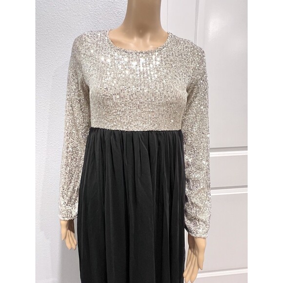 PinkBlush Maternity Dress Gold Sequin Bodice Tulle Long Sleeve Maxi Gown Small - Picture 6 of 13